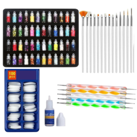 Mehaay Cosmetics  Nail Art Kit – 48 Pcs Glass Bottles Glitter Stones, 100 Nails, 15 Nail Art brush, 5 Nail Dotting Pen with 2 Glue