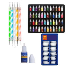 Mehaay Cosmetics  Nail Art Kit – 48 Pcs Glass Bottles Glitter Stones, 100 Nails, 5 Nail Dotting Pen with 2 Glue