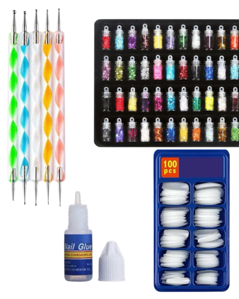 Mehaay Cosmetics Nail Art Kit - 48 Pcs Glass Bottles Glitter Stones, 100 Nails, 5 Nail Dotting Pen with 2 Glue