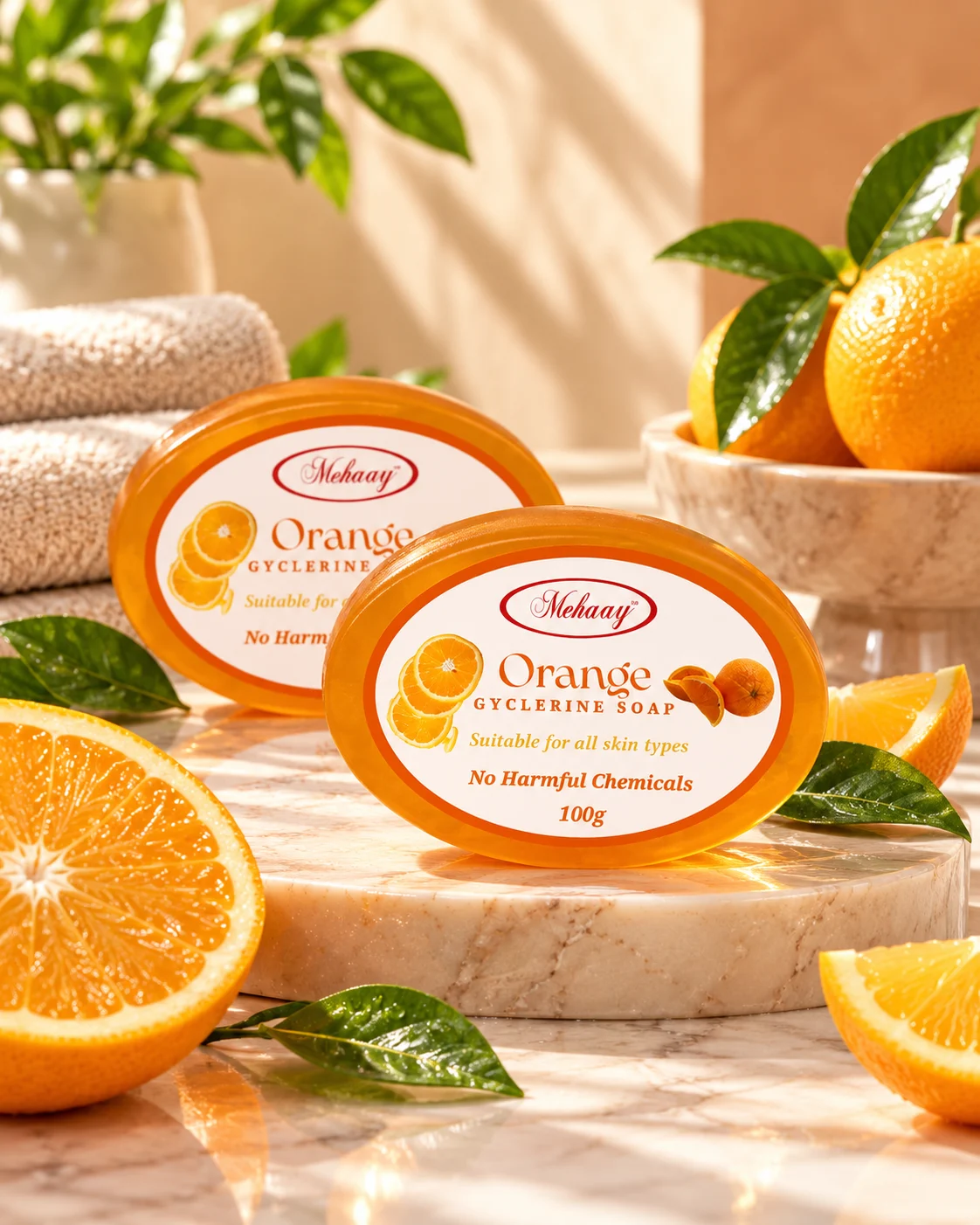 MEHAAY BODY CARE - ORANGE GLYCERINE SOAPS OF HYDRATED SKIN.