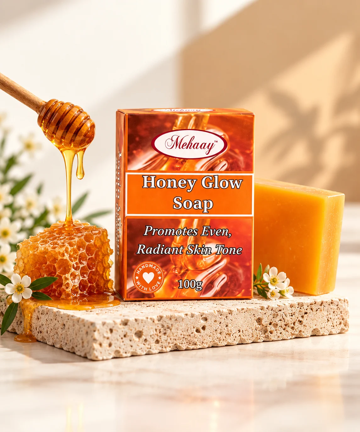 MEHAAY HONEY GLOW SOAP FOR EXTRA SOFT AND BRIGHT SKIN.