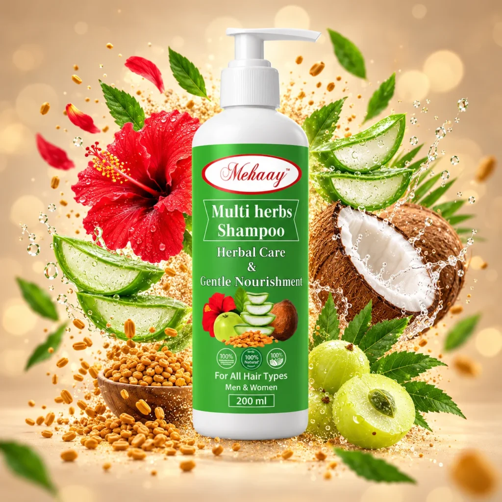 Mehaay multi herb shampoo for gentle nourishment.
