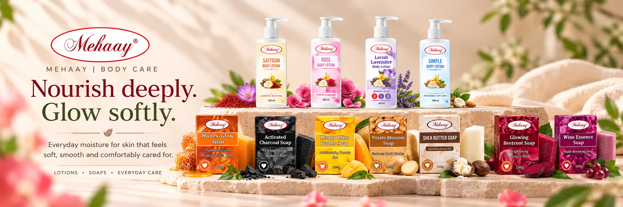 Mehaay body care range of soaps and body lotions.
