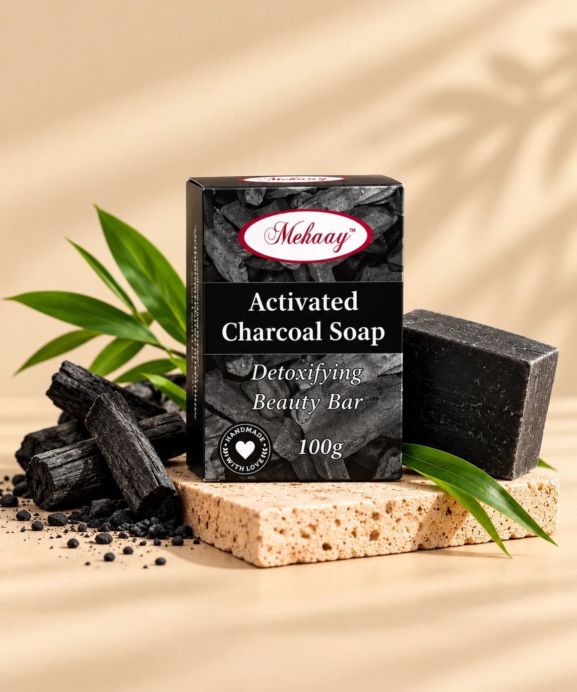 MEHAAY CHARCOAL SOAP TO REMOVE DIRT AND BOOST SKIN GLOW.