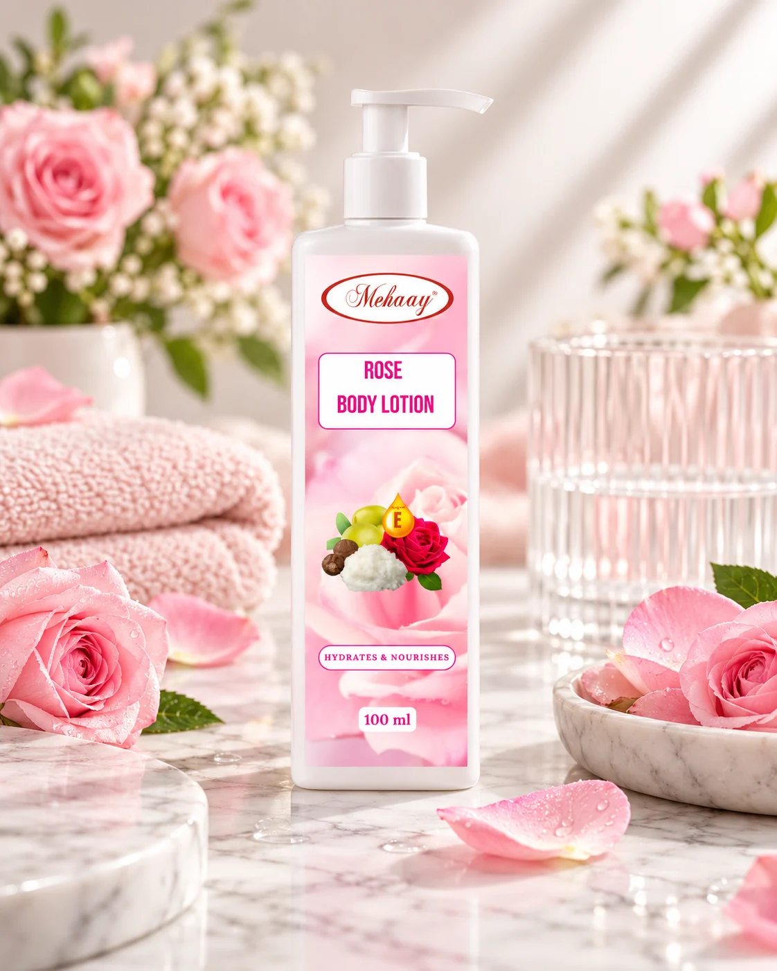 MEHAAY BODY CARE ROSE BODY LOTION FOR SOFT AND SUPPLE SKIN.