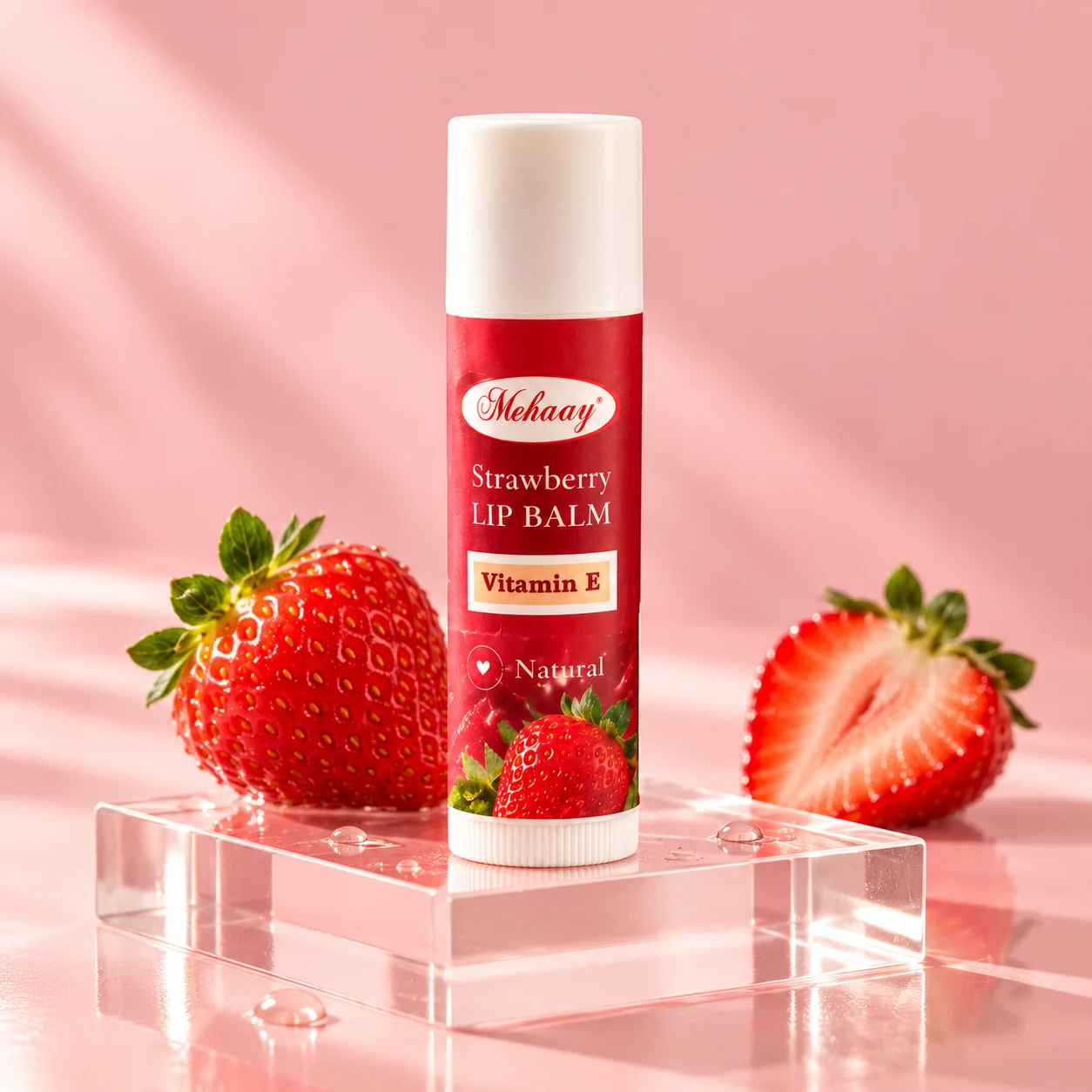 Mehaay Naturals Strawberry lip balm for nourished lips.