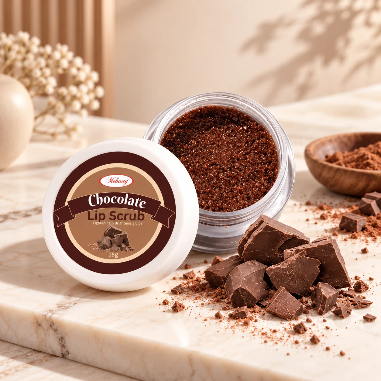 Mehaay cjocolate lip scrub for soft and chapped lips.